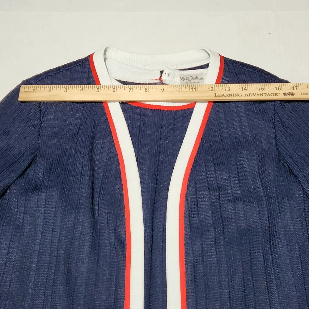 Iconic Wolf Brothers Of Florida Blue Cardigan Red White Stripes Pockets Size 14